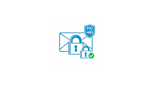 Ein E-Mail Symbol wo davor zwei Schlösser sind. Ober rechts ist das PKI Zeichen mit speziellem Schlüssel, unten rechts ist ein grüner Haken 